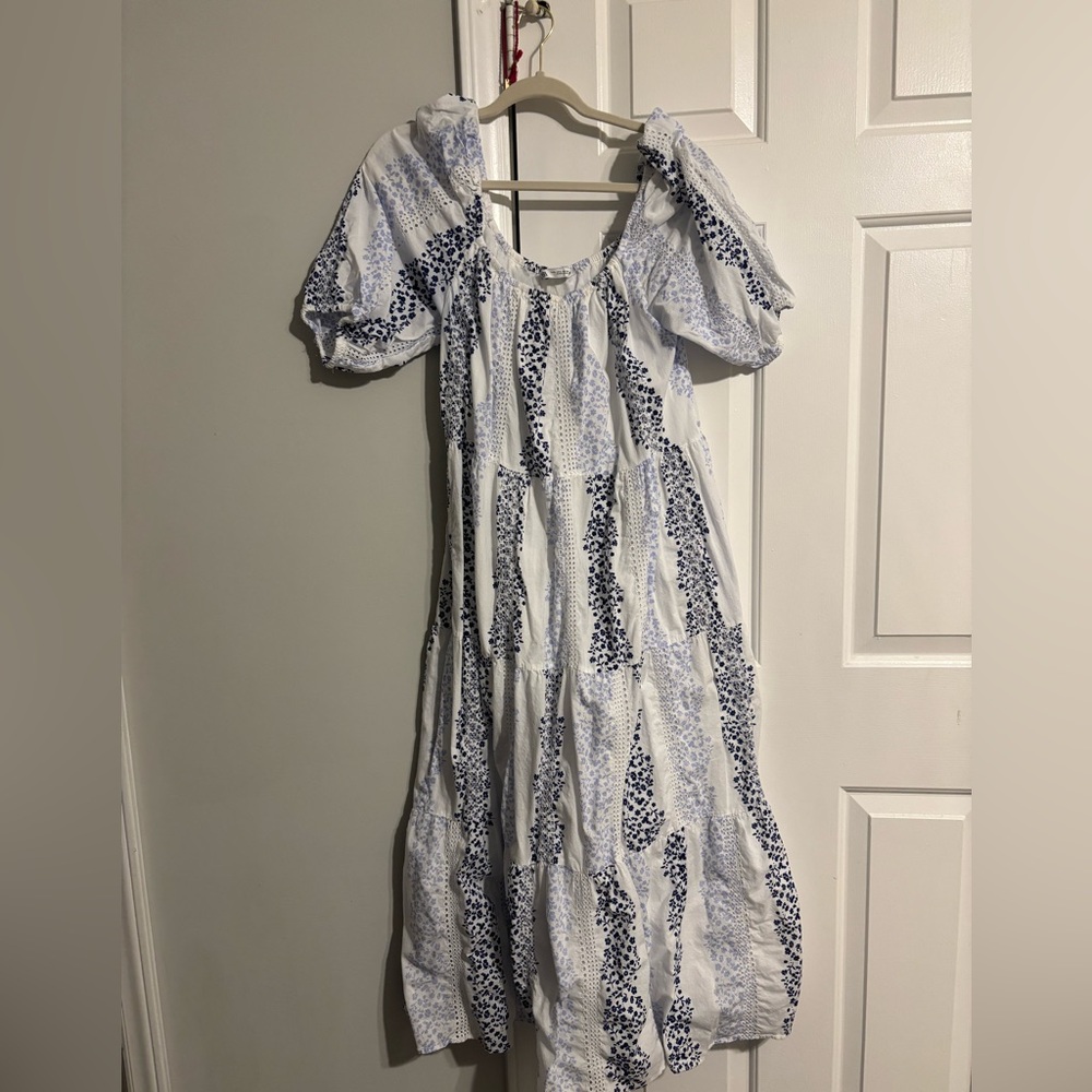 White and blue Zara, puffy sleeve, off the shoulder dress